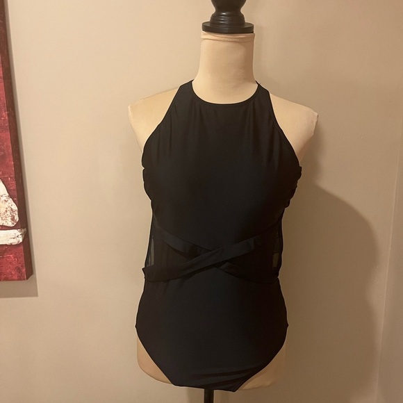 Coastal Blue Black Mesh Side Swimsuit One Piece Monokini, size 8-10 - Picture 2 of 5